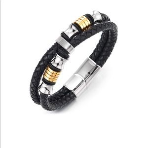 Double-Row Black Braided Leather Bracelet